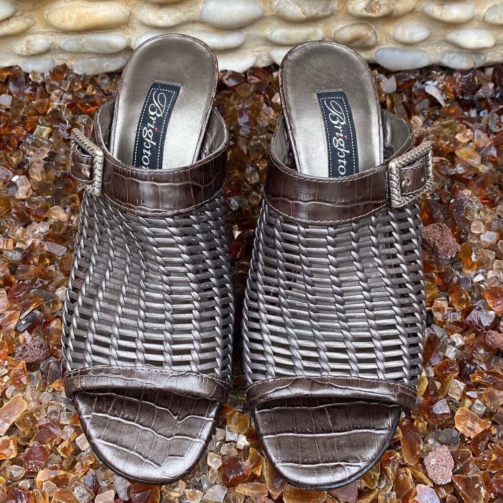 Brighton Pewter/Silver Woven Reed Slide Open Toe Heel Sandal Leather Size 7M EUC